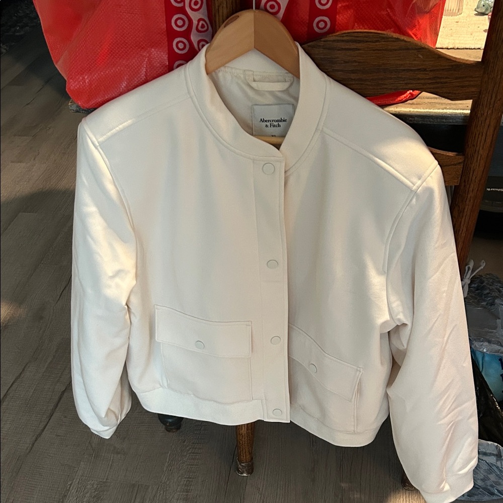 Abercrombie & Fitch Cream Button-Front Bomber Jacket